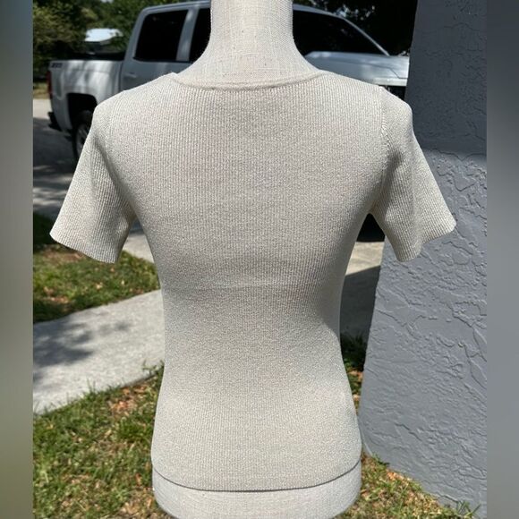 LOFT Beige & Gold Glitter Square Neck Knit Dressy Top - Picture 3 of 8